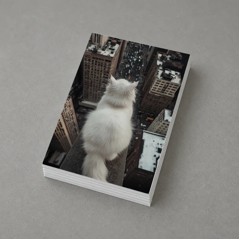 White Cat Overlooking City Skyline Rooftop – Postcards