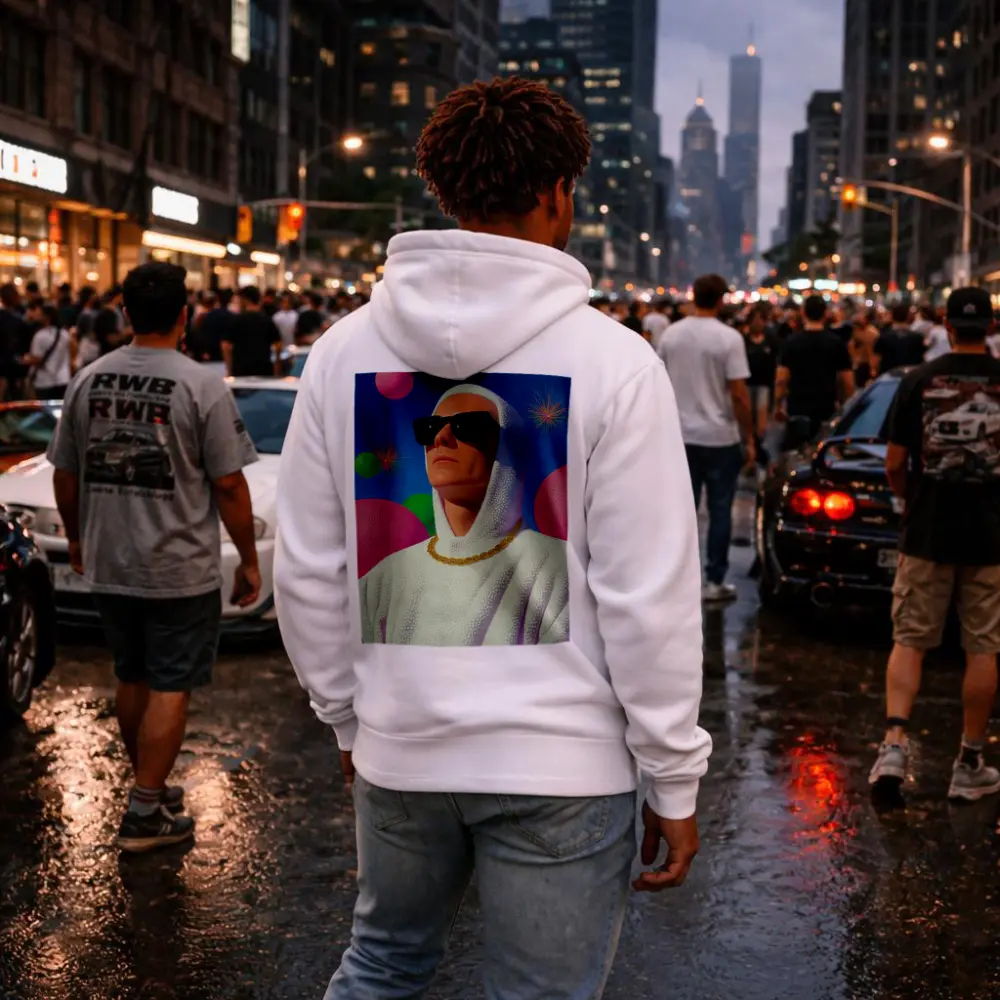 Man in White Hood Sunglasses Surreal Pop Art – Hoodies