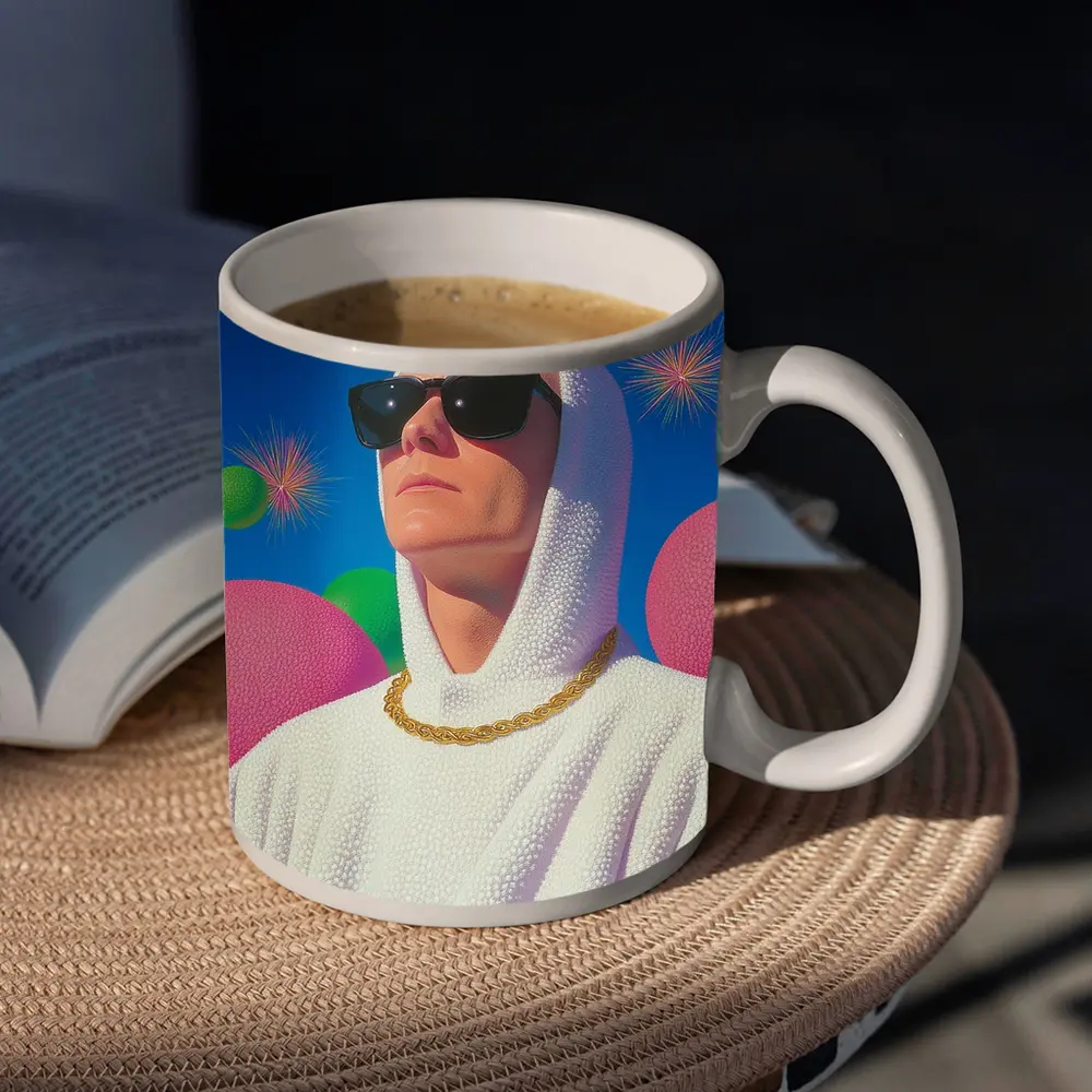 Man in White Hood Sunglasses Surreal Pop Art – Mugs