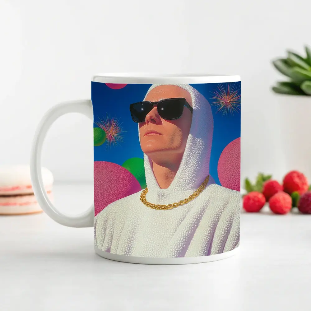 Man in White Hood Sunglasses Surreal Pop Art – Mugs