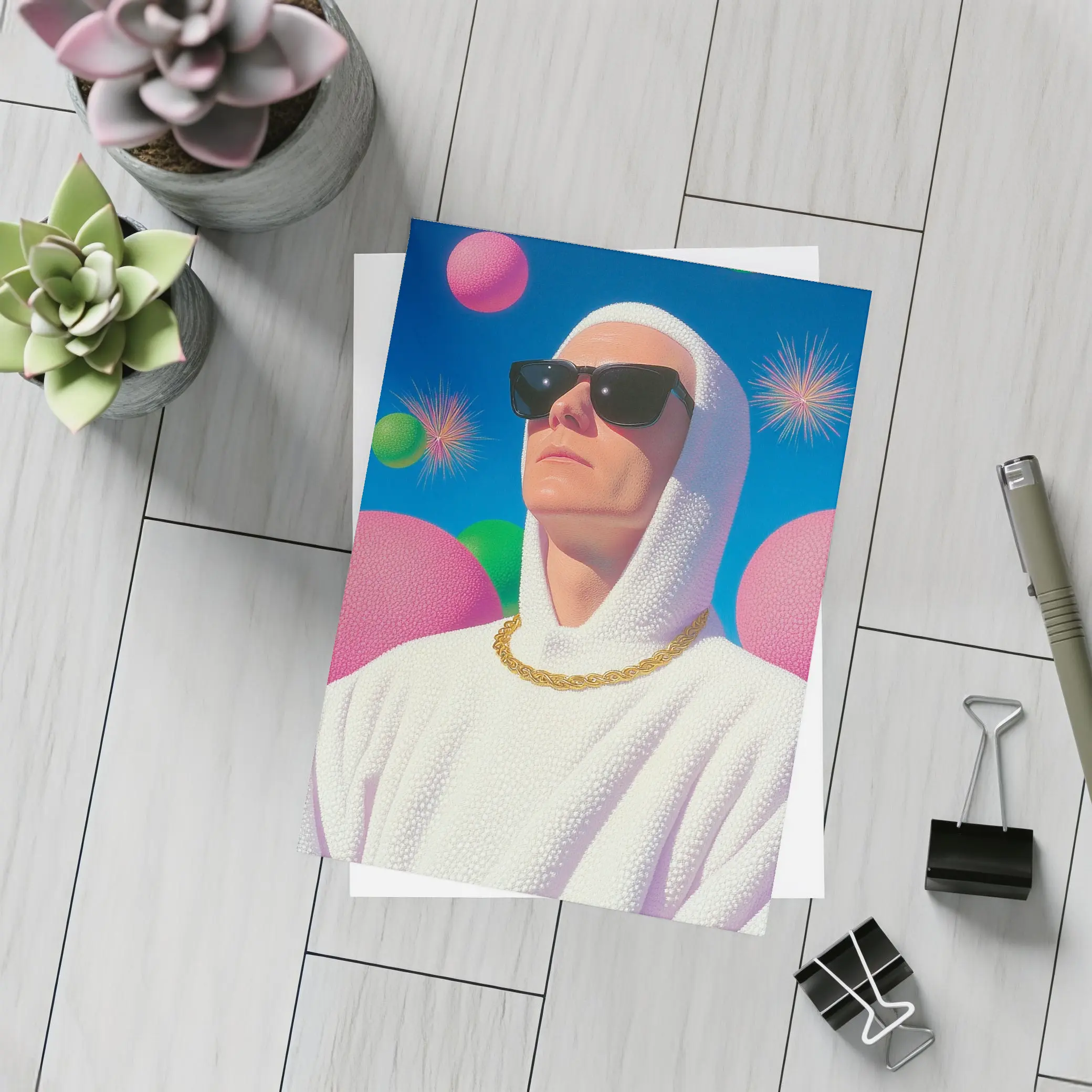 Man in White Hood Sunglasses Surreal Pop Art – Postcards