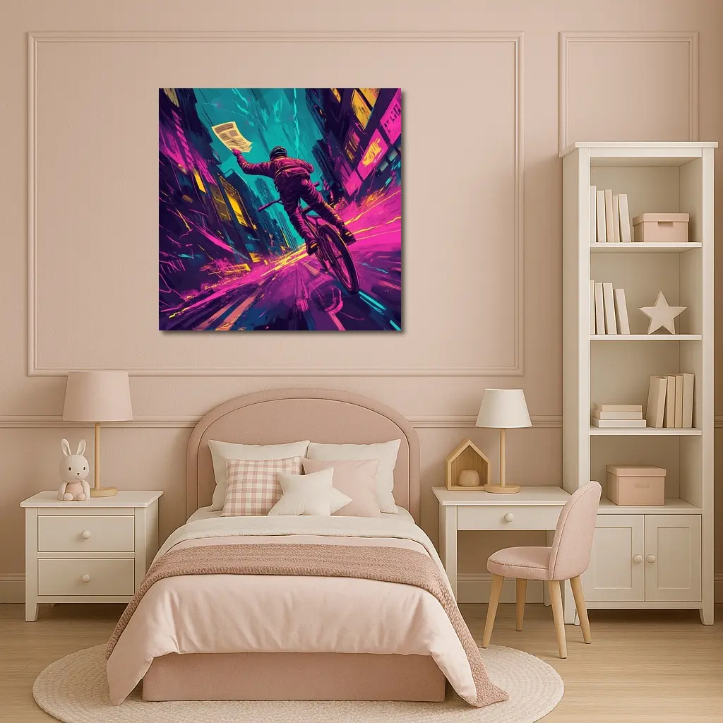 Cyclist Racing Through Neon Cyberpunk City Streets – Wall Art