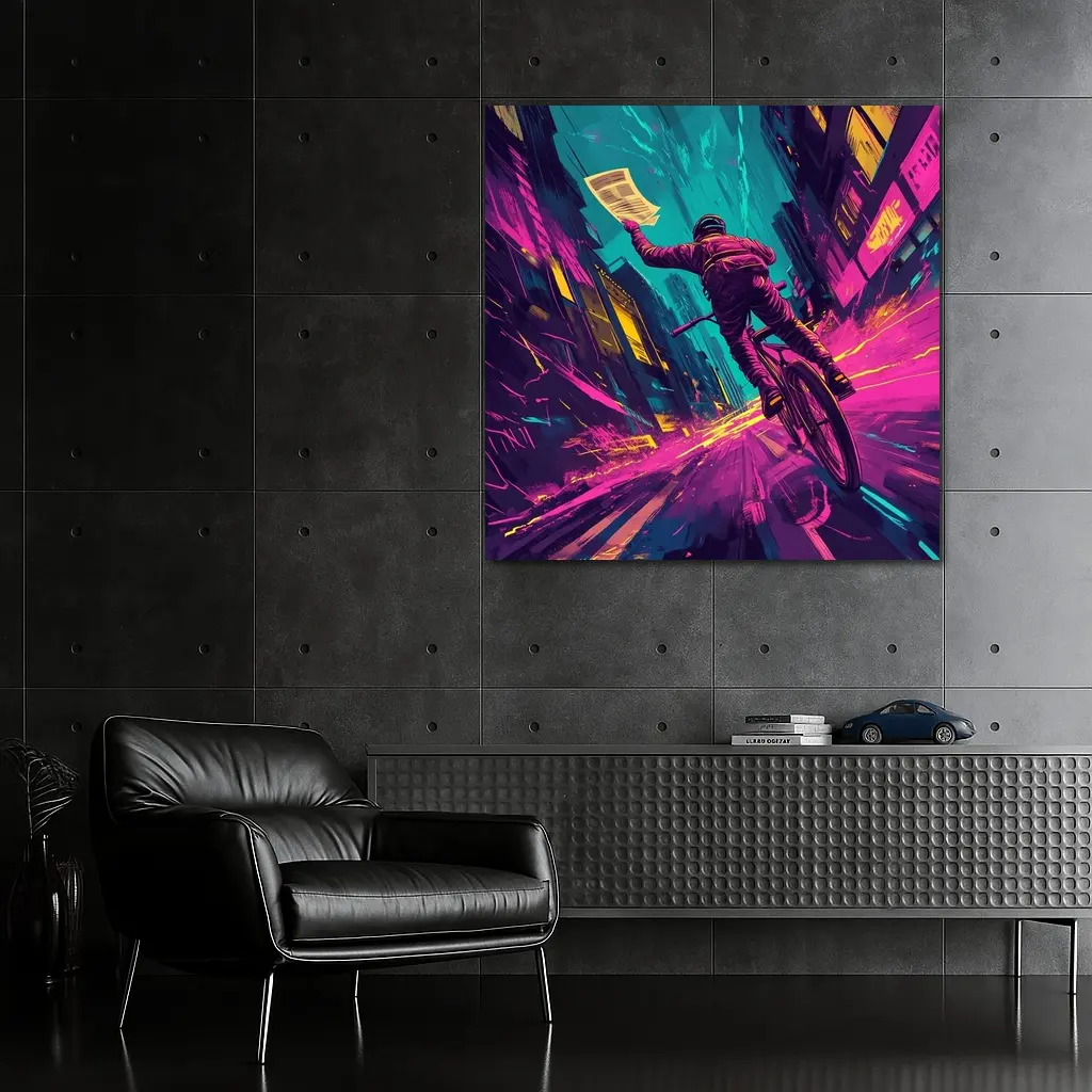 Cyclist Racing Through Neon Cyberpunk City Streets – Wall Art