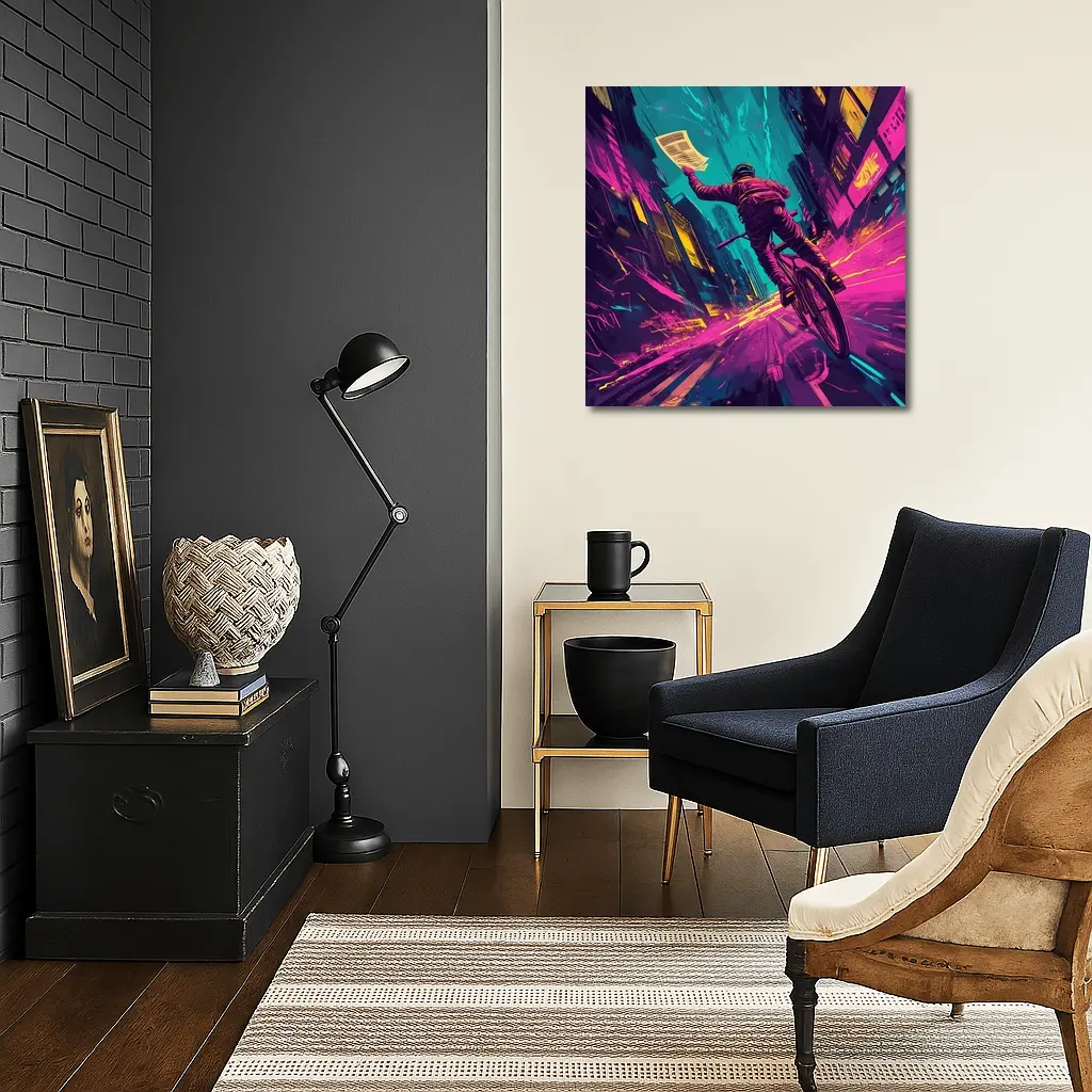 Cyclist Racing Through Neon Cyberpunk City Streets – Wall Art