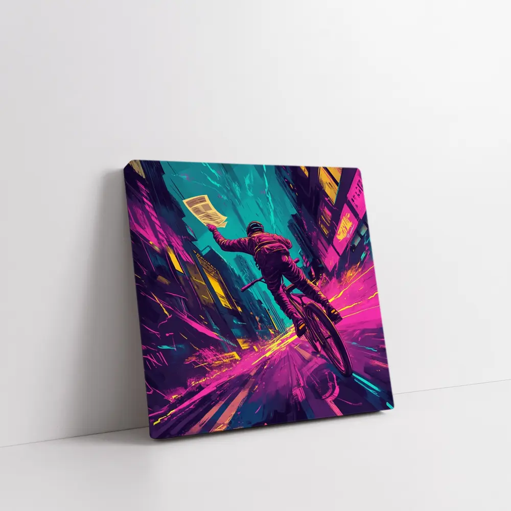 Cyclist Racing Through Neon Cyberpunk City Streets – Wall Art