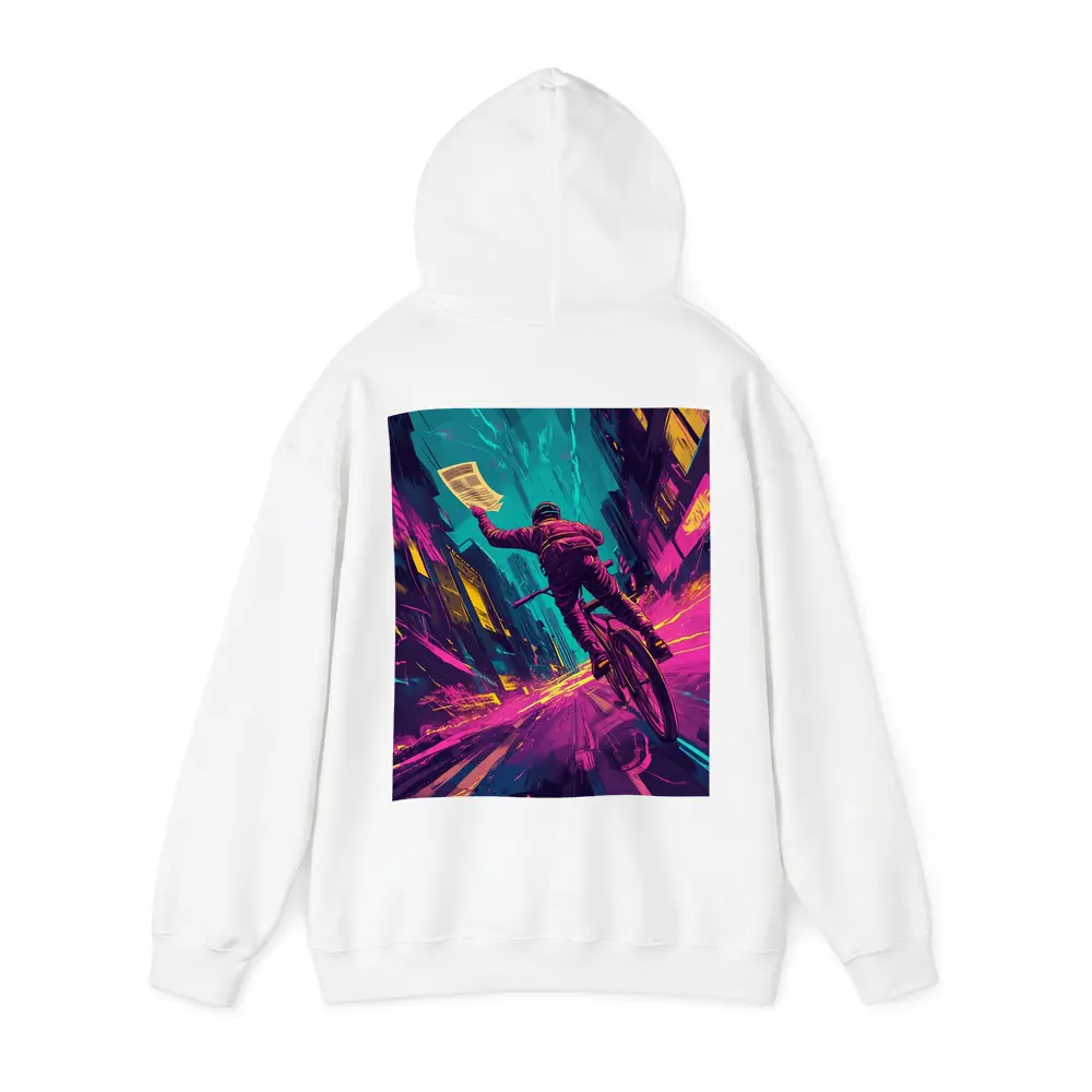 Cyclist Racing Through Neon Cyberpunk City Streets – Hoodies