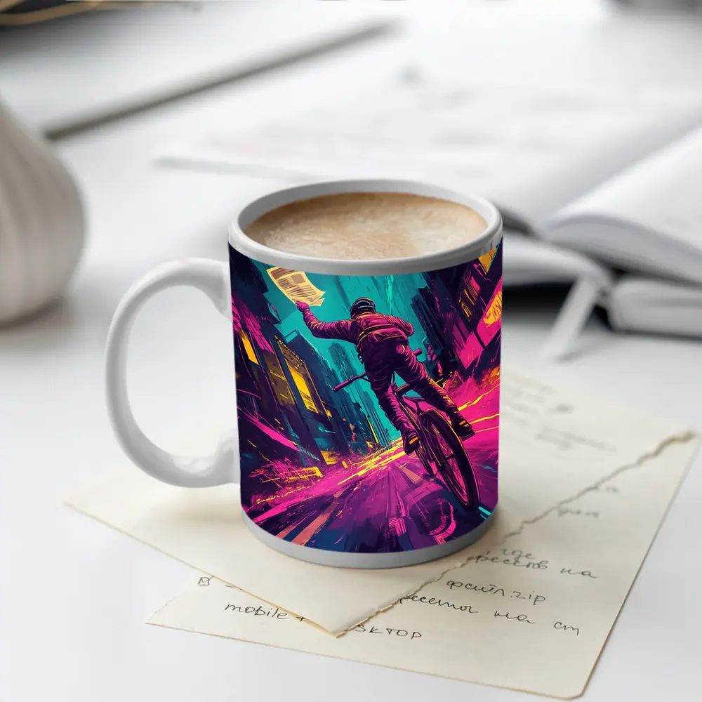 Cyclist Racing Through Neon Cyberpunk City Streets – Mugs