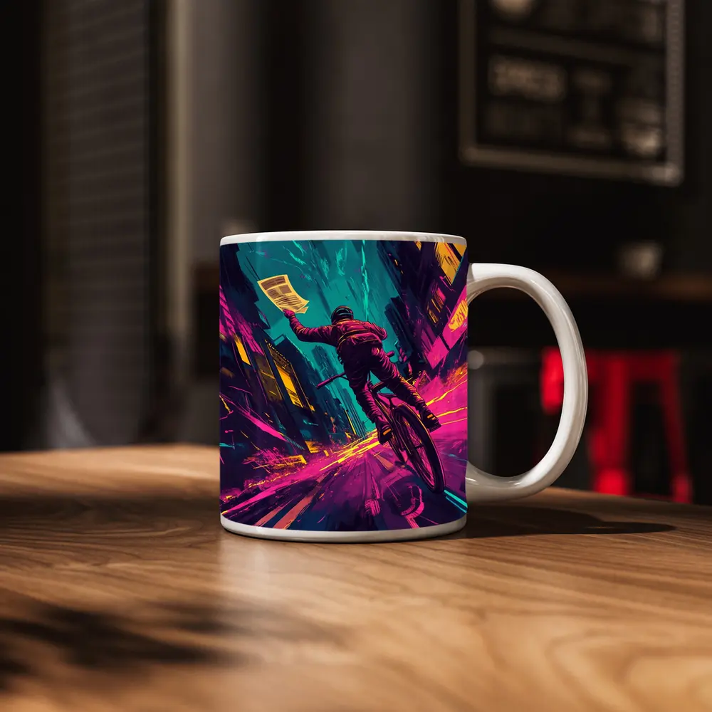 Cyclist Racing Through Neon Cyberpunk City Streets – Mugs