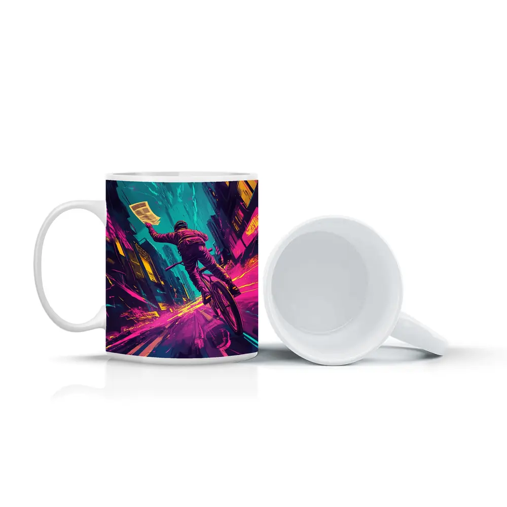 Cyclist Racing Through Neon Cyberpunk City Streets – Mugs