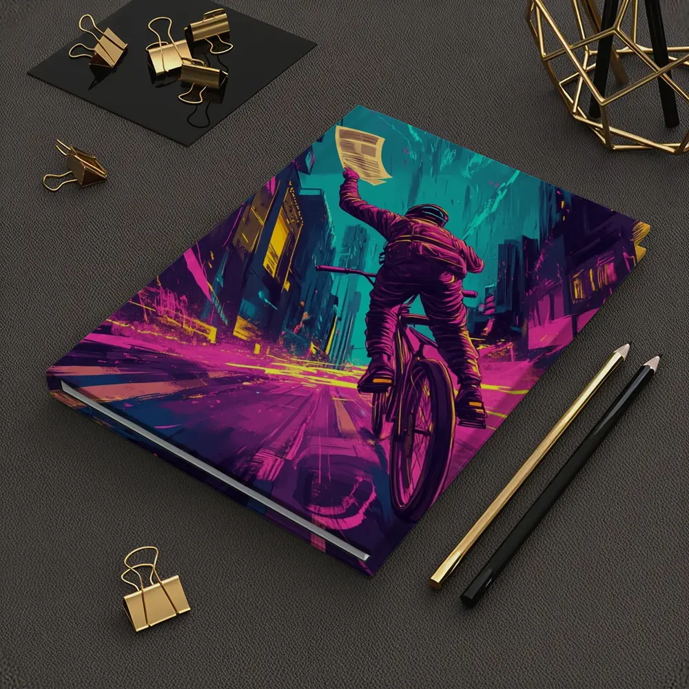 Cyclist Racing Through Neon Cyberpunk City Streets – Notebooks