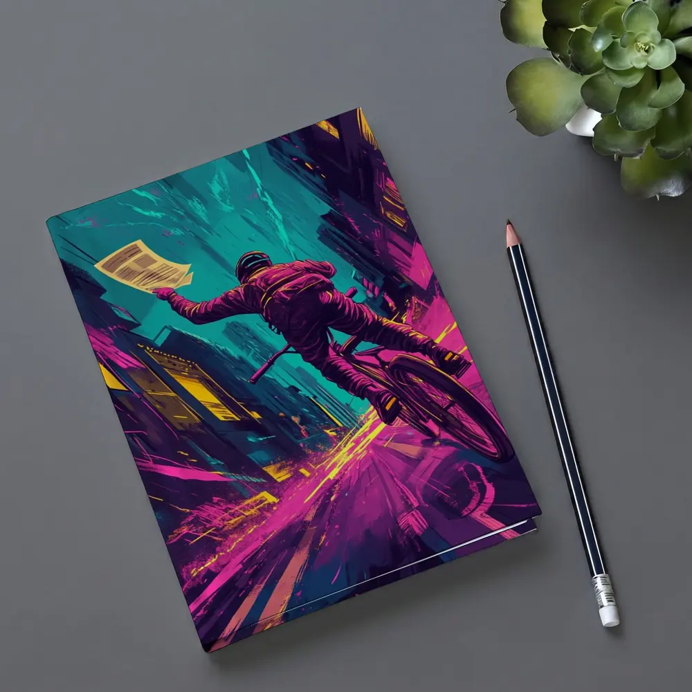 Cyclist Racing Through Neon Cyberpunk City Streets – Notebooks
