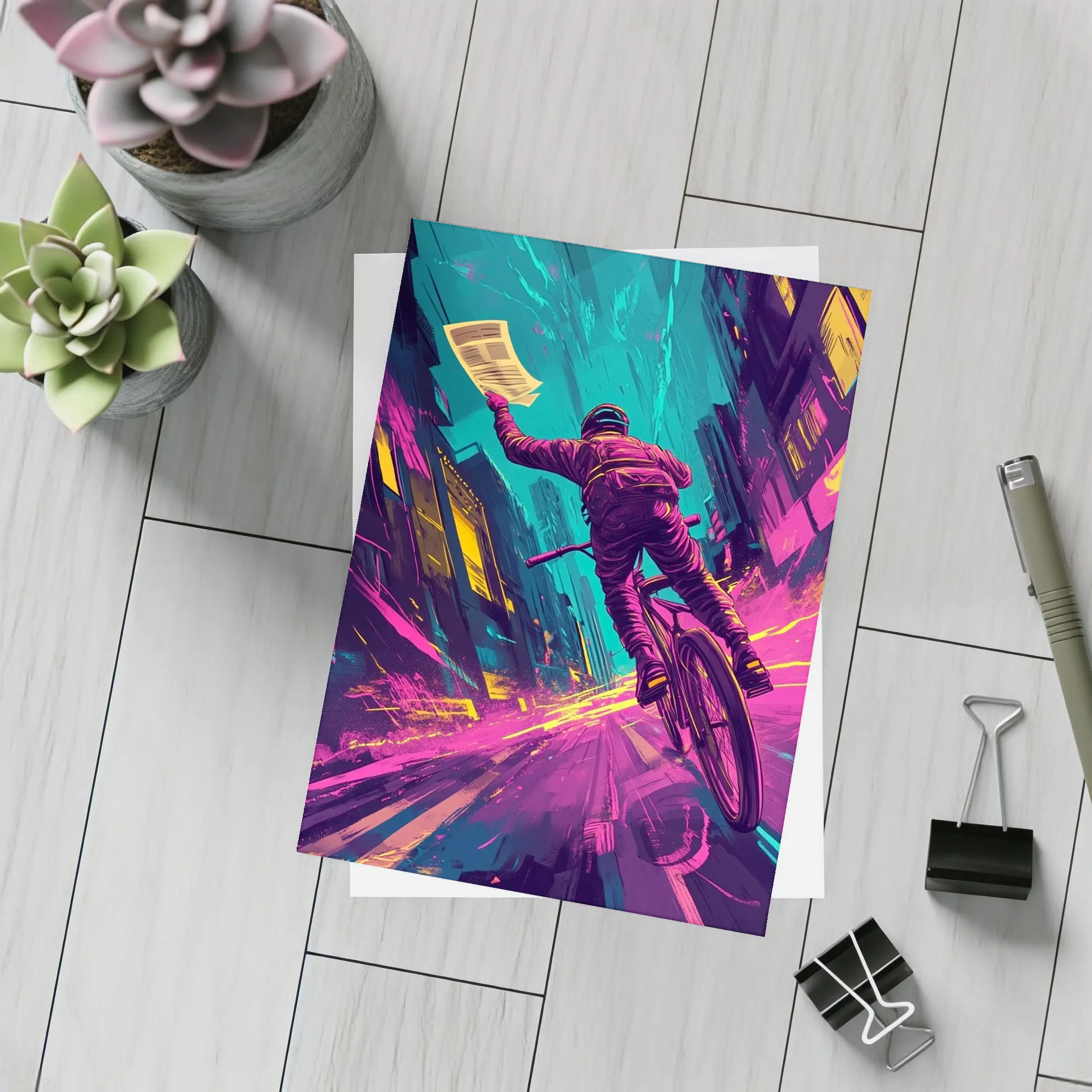 Cyclist Racing Through Neon Cyberpunk City Streets – Postcards