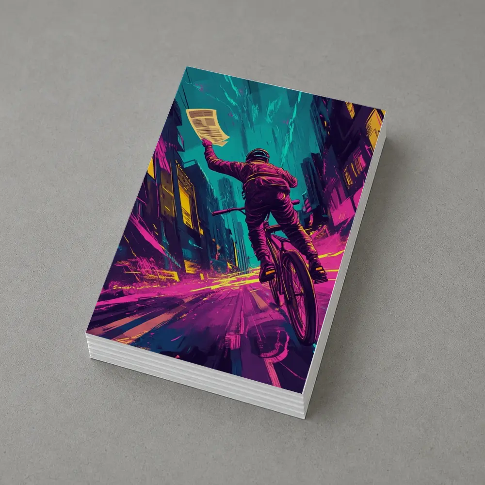 Cyclist Racing Through Neon Cyberpunk City Streets – Postcards