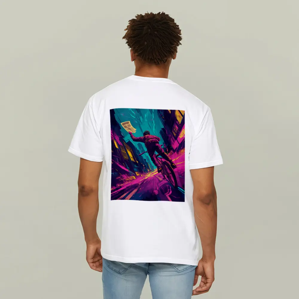 Cyclist Racing Through Neon Cyberpunk City Streets – T-Shirts