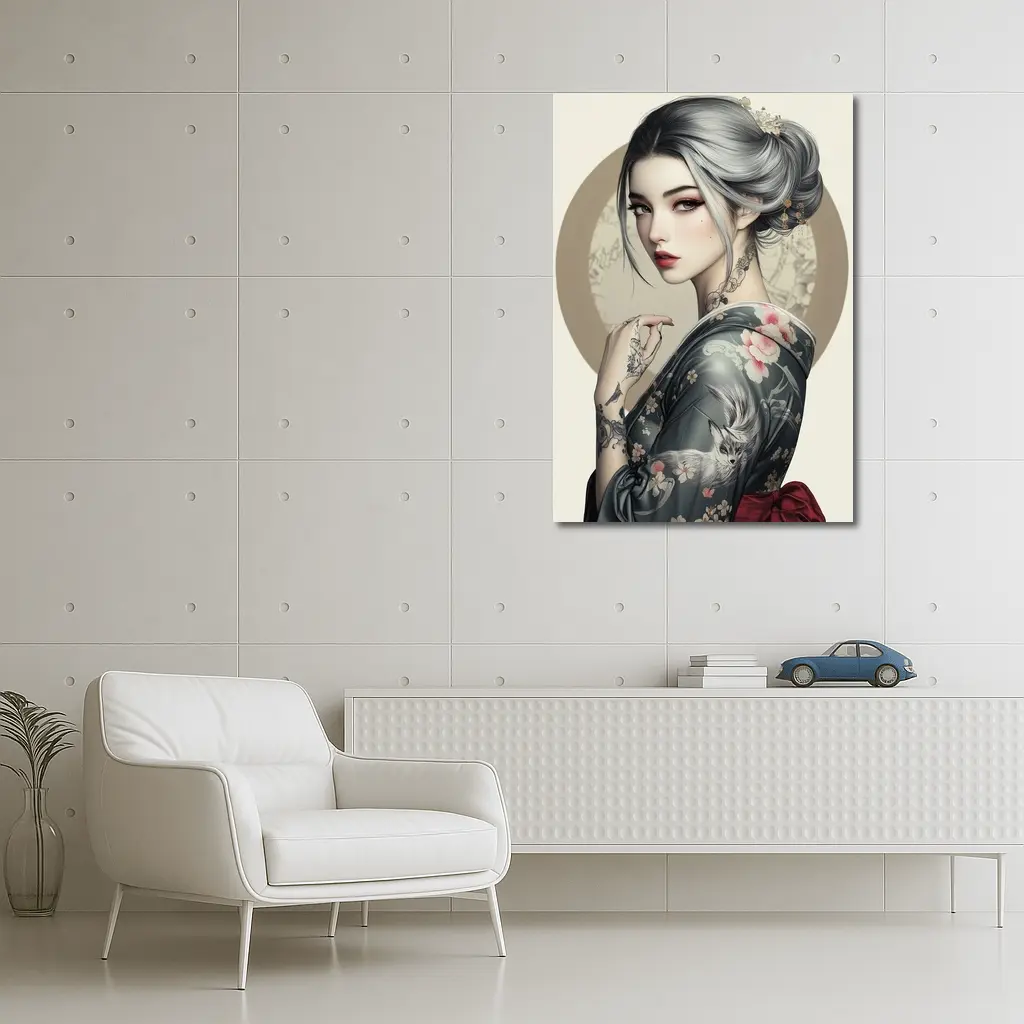 Japanese Geisha Woman With Fox Tattoo Art – Wall Art