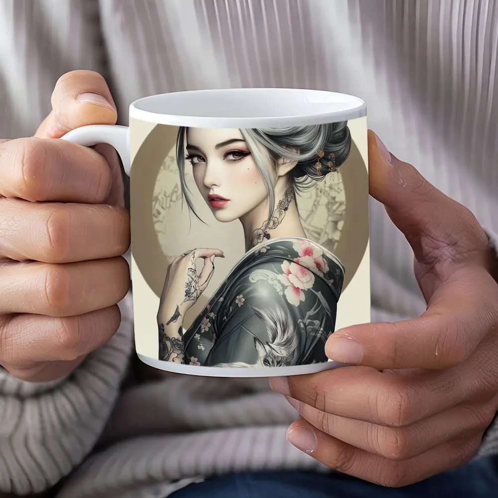 Japanese Geisha Woman With Fox Tattoo Art – Mugs