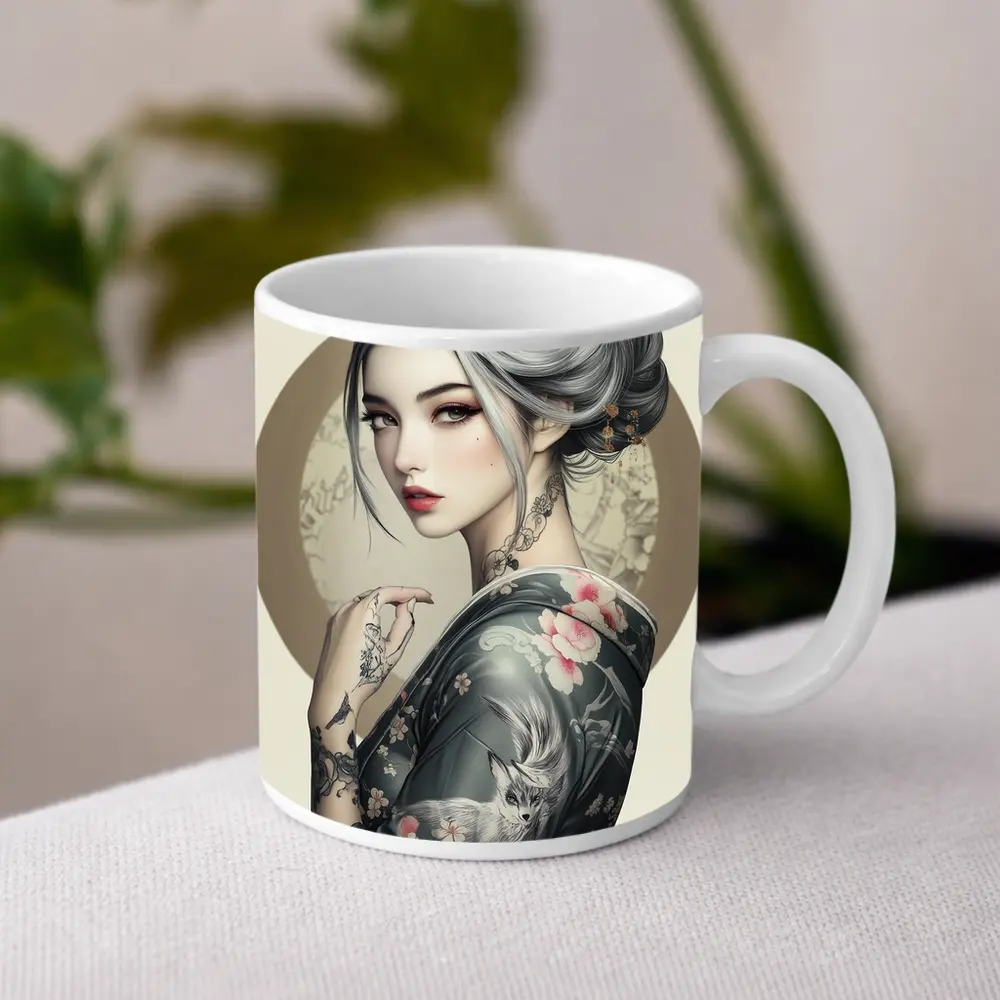 Japanese Geisha Woman With Fox Tattoo Art – Mugs