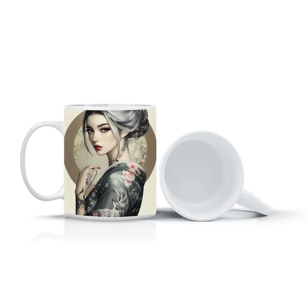 Japanese Geisha Woman With Fox Tattoo Art – Mugs