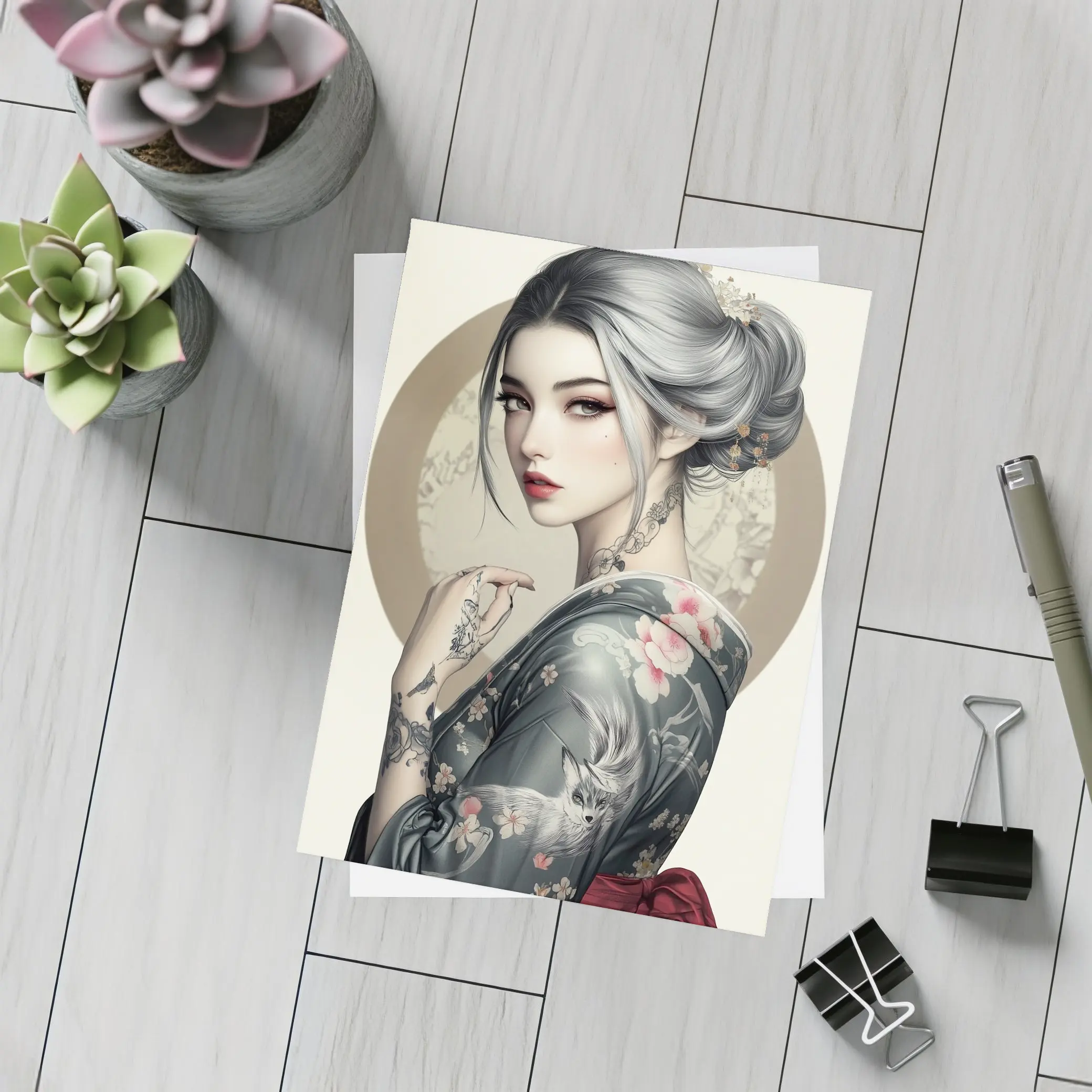 Japanese Geisha Woman With Fox Tattoo Art – Postcards