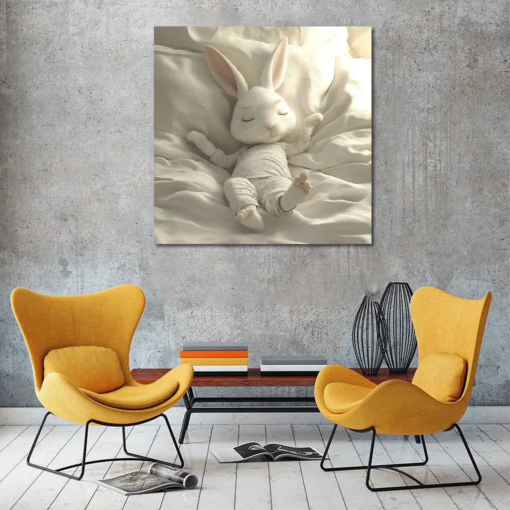 Sleeping Baby Bunny Cozy White Bedding – Wall Art