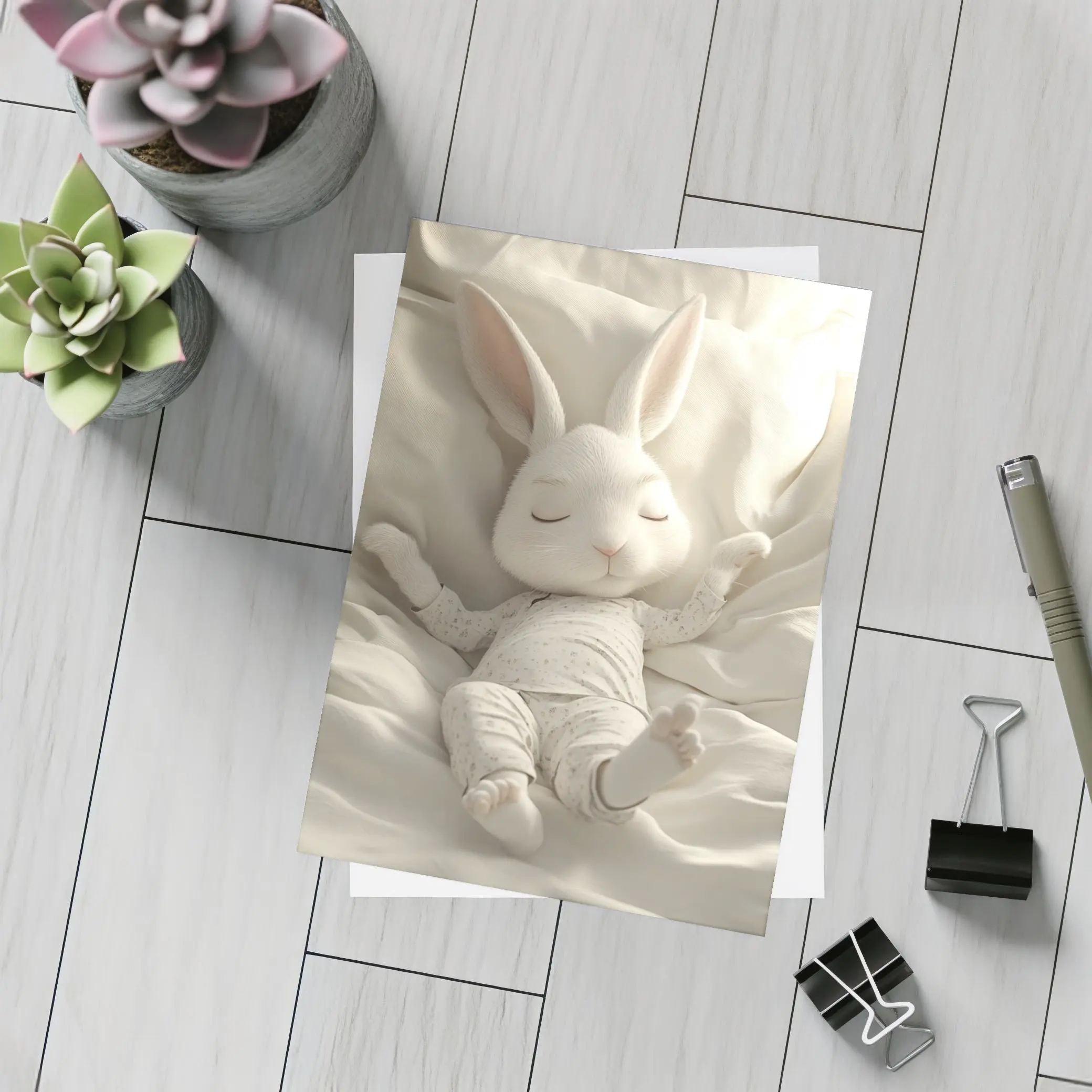 Sleeping Baby Bunny Cozy White Bedding – Postcards