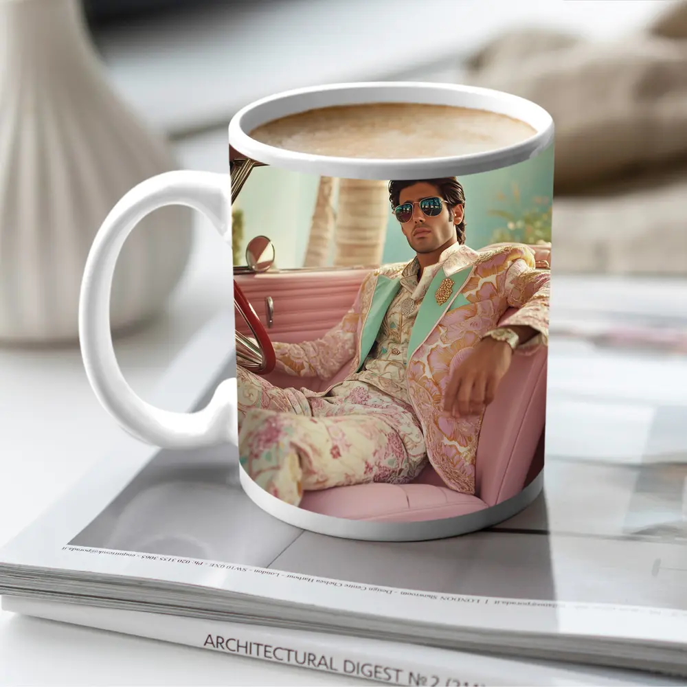 Stylish Man Floral Suit Pink Classic Car – Mugs