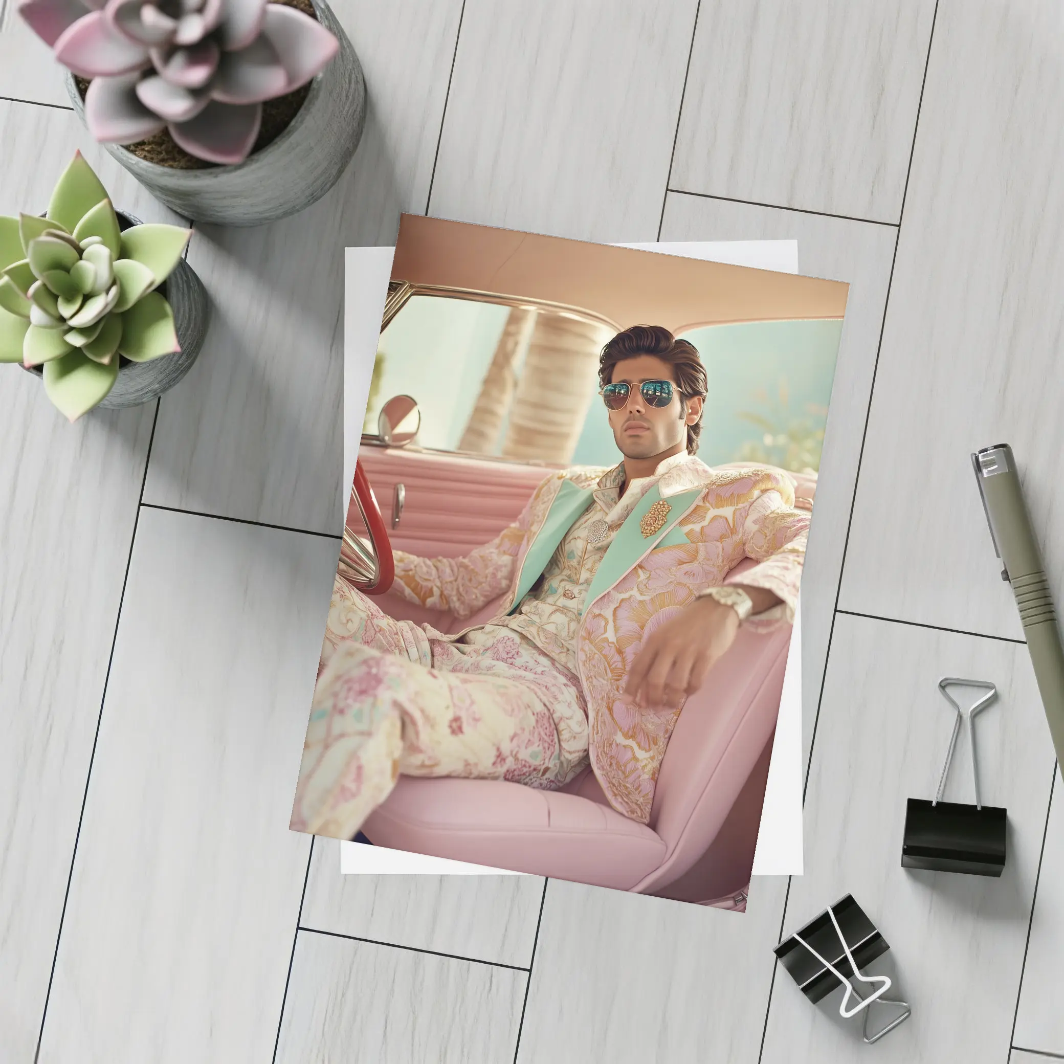 Stylish Man Floral Suit Pink Classic Car – Postcards