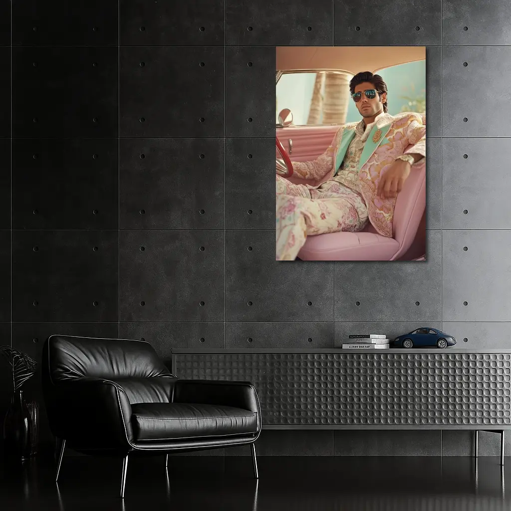Stylish Man Floral Suit Pink Classic Car – Wall Art