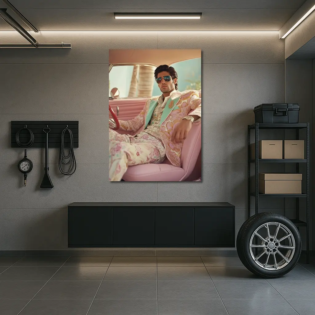 Stylish Man Floral Suit Pink Classic Car – Wall Art