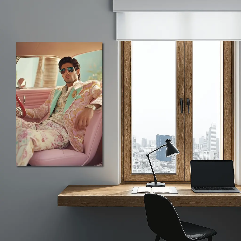 Stylish Man Floral Suit Pink Classic Car – Wall Art