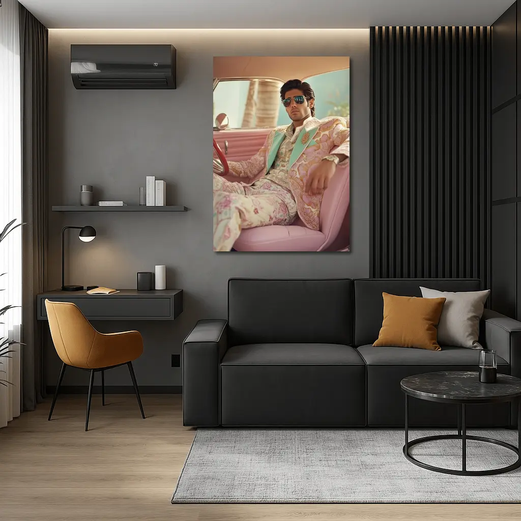 Stylish Man Floral Suit Pink Classic Car – Wall Art
