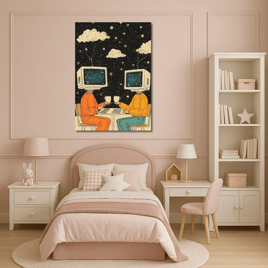 Computer Head Couple Sharing Coffee Starry Night – Wall Art