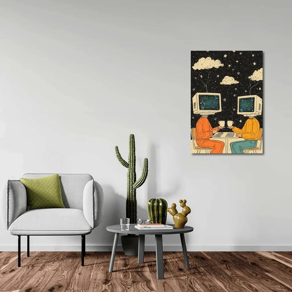 Computer Head Couple Sharing Coffee Starry Night – Wall Art