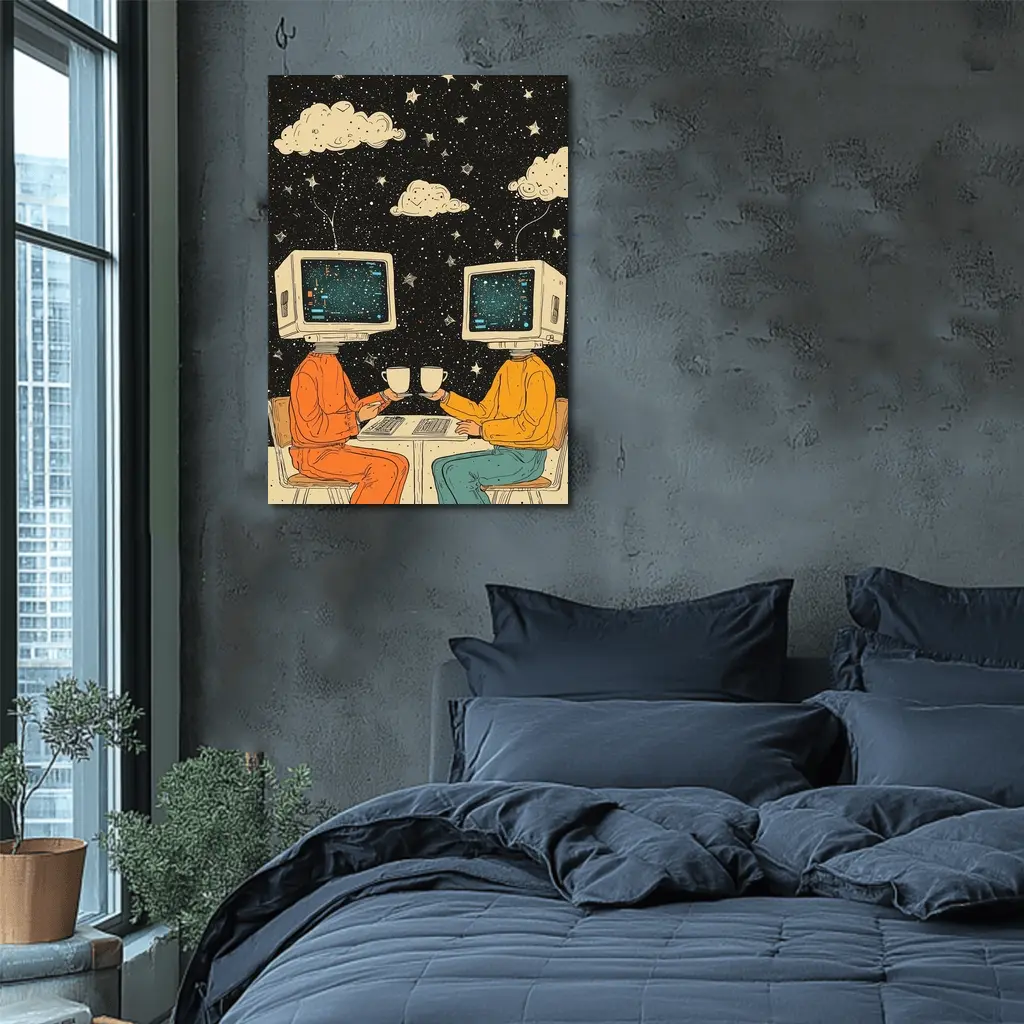 Computer Head Couple Sharing Coffee Starry Night – Wall Art