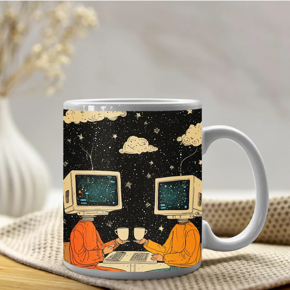 Computer Head Couple Sharing Coffee Starry Night – Mugs