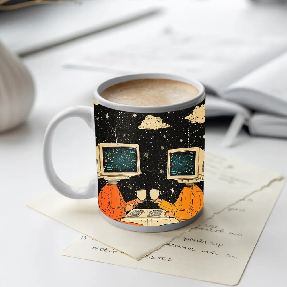 Computer Head Couple Sharing Coffee Starry Night – Mugs