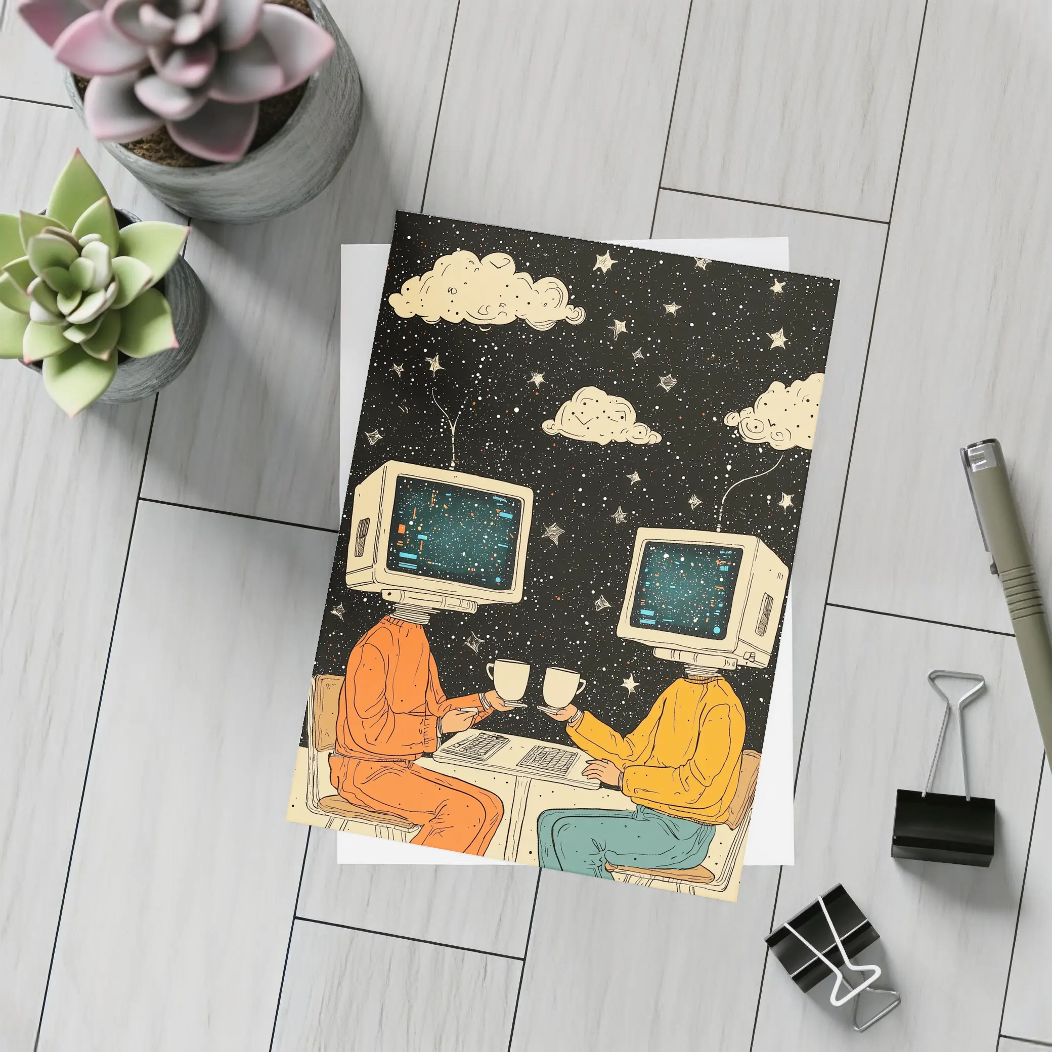 Computer Head Couple Sharing Coffee Starry Night – Postcards