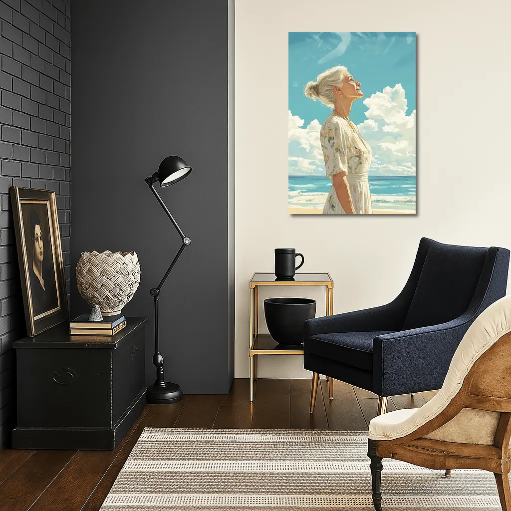 Older Woman at Beach Looking Up Sky – Wall Art