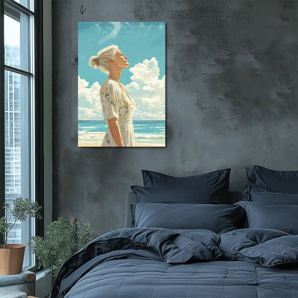 Older Woman at Beach Looking Up Sky – Wall Art