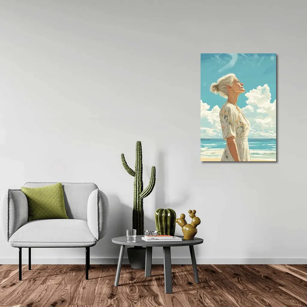 Older Woman at Beach Looking Up Sky – Wall Art