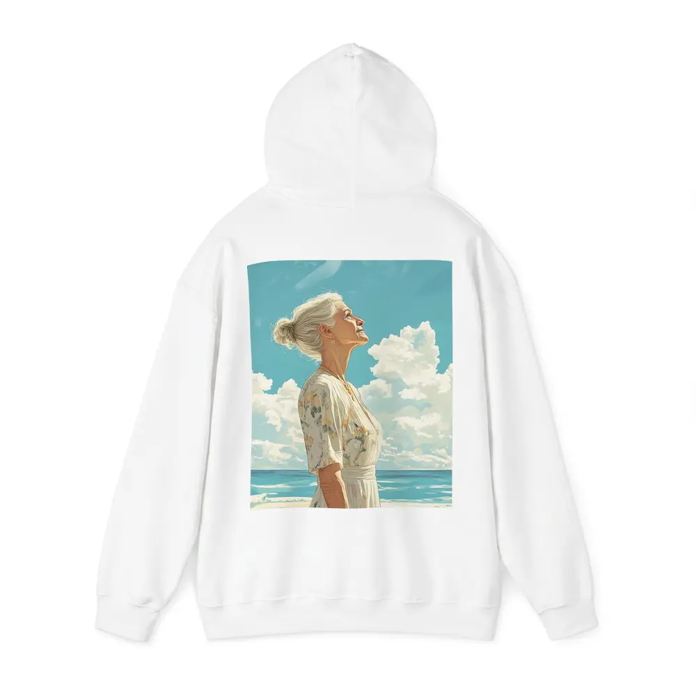 Older Woman at Beach Looking Up Sky – Hoodies