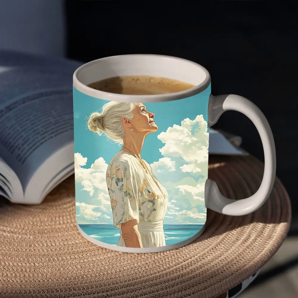 Older Woman at Beach Looking Up Sky – Mugs