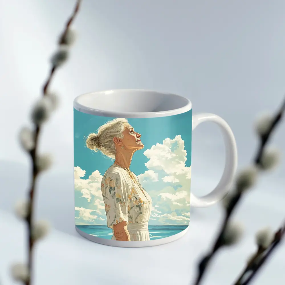 Older Woman at Beach Looking Up Sky – Mugs