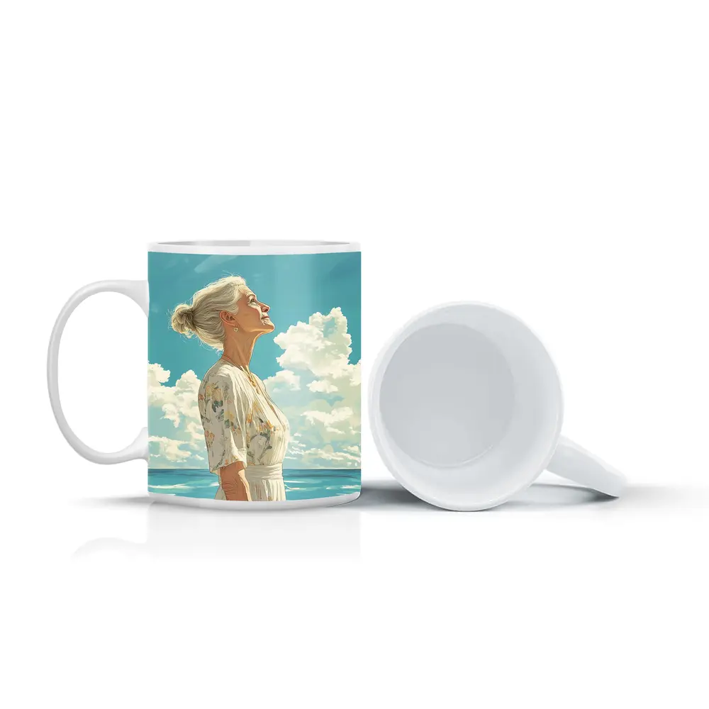 Older Woman at Beach Looking Up Sky – Mugs