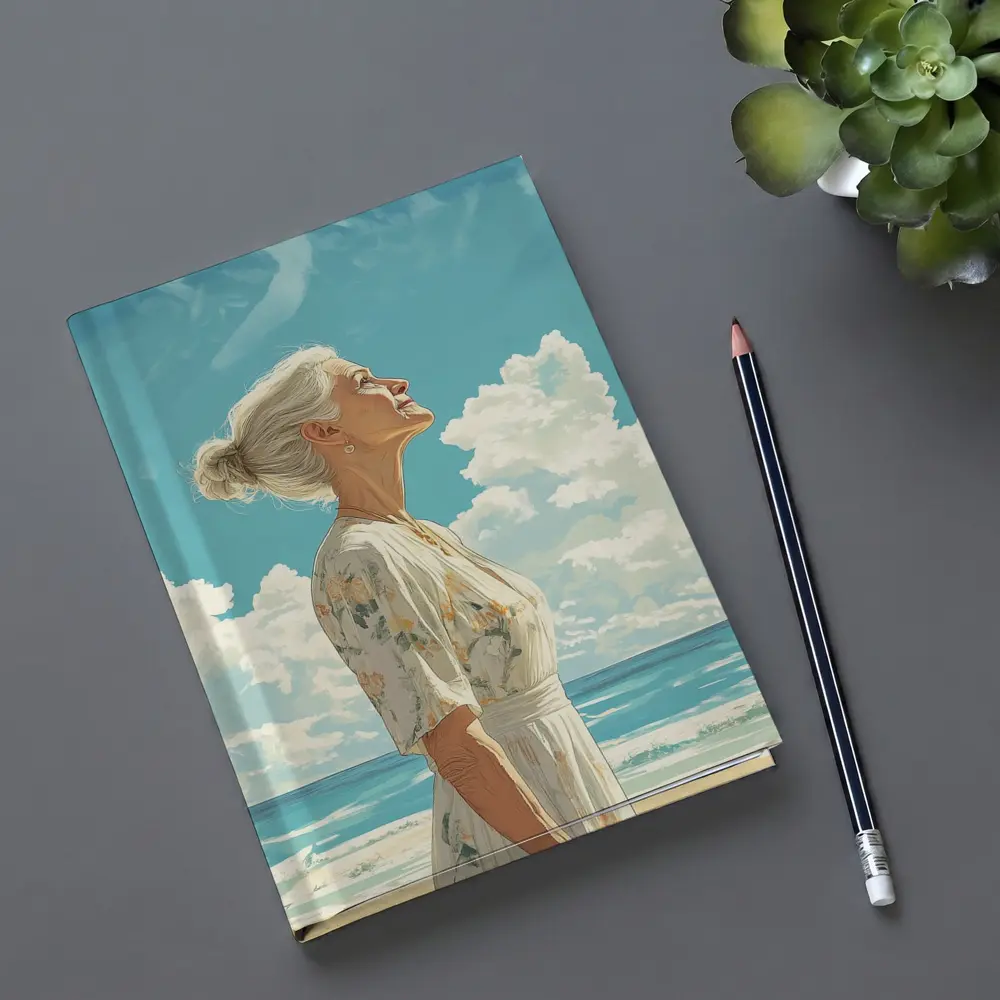 Older Woman at Beach Looking Up Sky – Notebooks