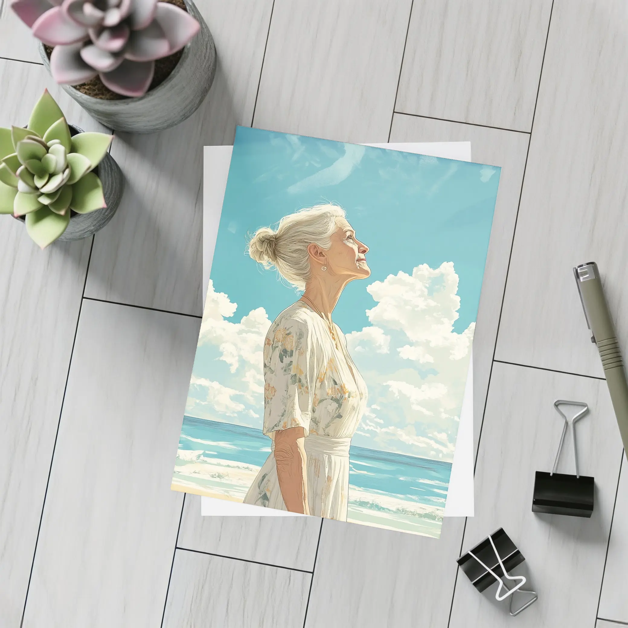 Older Woman at Beach Looking Up Sky – Postcards