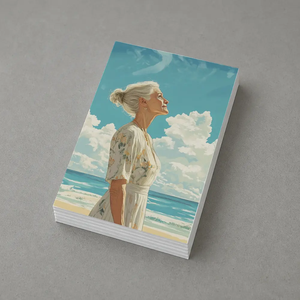 Older Woman at Beach Looking Up Sky – Postcards