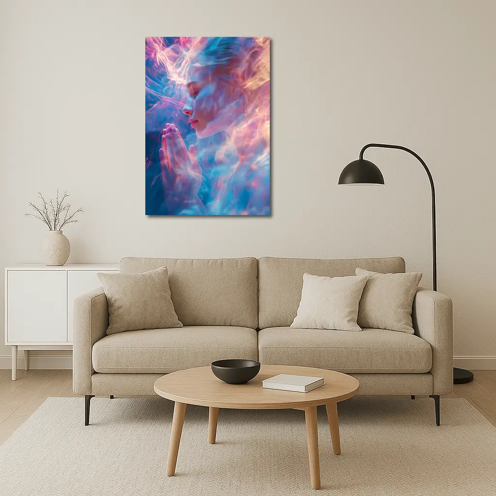 Woman Praying Soft Pink Blue Mystic Light – Wall Art