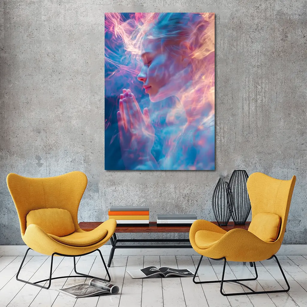 Woman Praying Soft Pink Blue Mystic Light – Wall Art