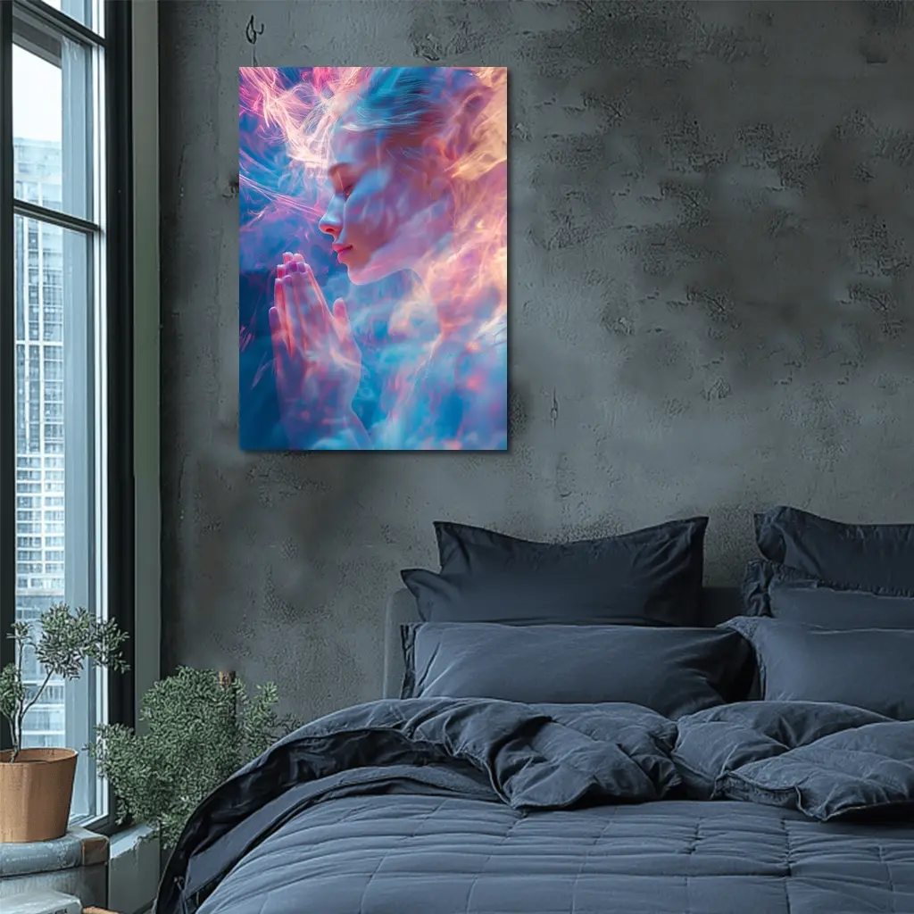 Woman Praying Soft Pink Blue Mystic Light – Wall Art